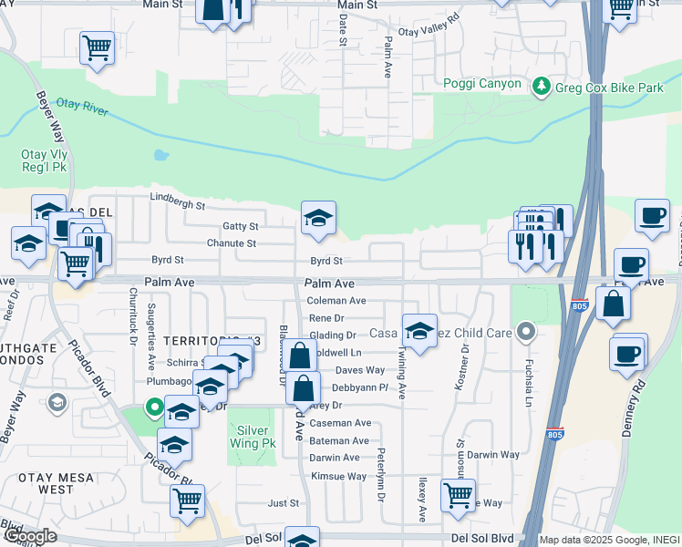 map of restaurants, bars, coffee shops, grocery stores, and more near 3982 Palm Avenue in San Diego