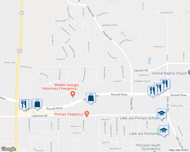 map of restaurants, bars, coffee shops, grocery stores, and more near 201 Hilton Court in Warner Robins