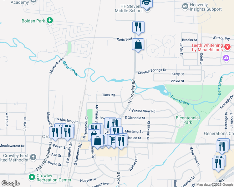 map of restaurants, bars, coffee shops, grocery stores, and more near 421 Tims Road in Crowley
