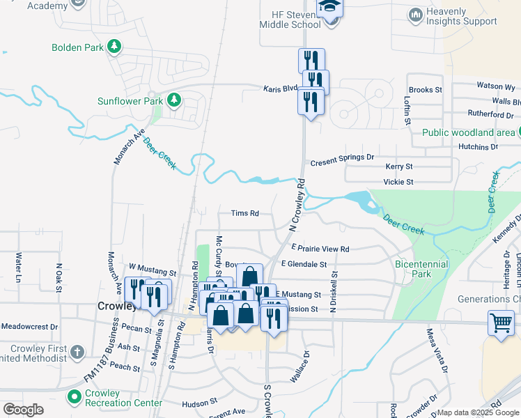 map of restaurants, bars, coffee shops, grocery stores, and more near 524 Trail Lake Drive in Crowley