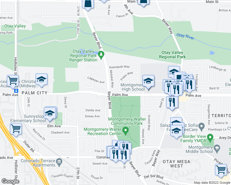 map of restaurants, bars, coffee shops, grocery stores, and more near 2925 Leilani Way in San Diego