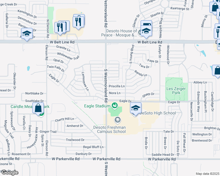 map of restaurants, bars, coffee shops, grocery stores, and more near 736 Priscilla Lane in DeSoto