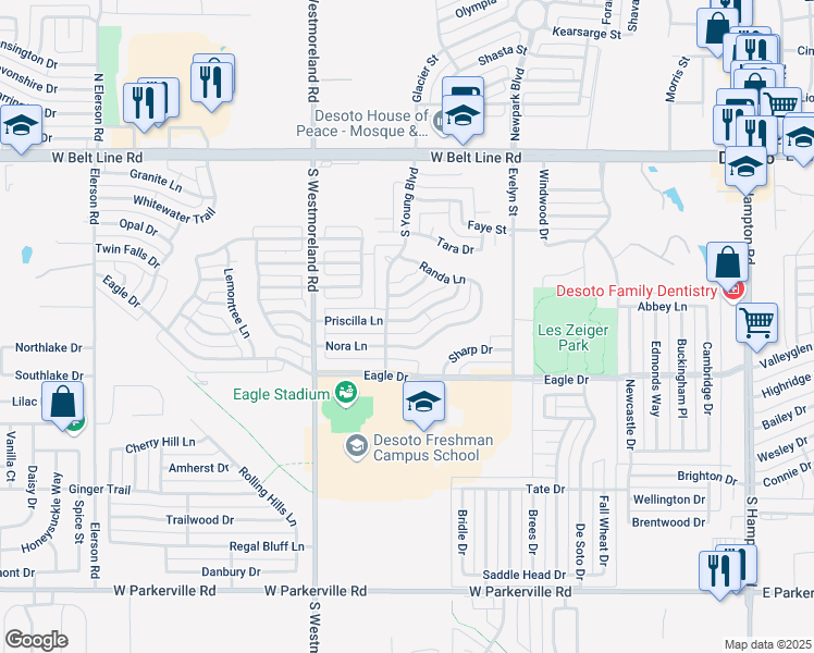 map of restaurants, bars, coffee shops, grocery stores, and more near 648 Priscilla Lane in DeSoto