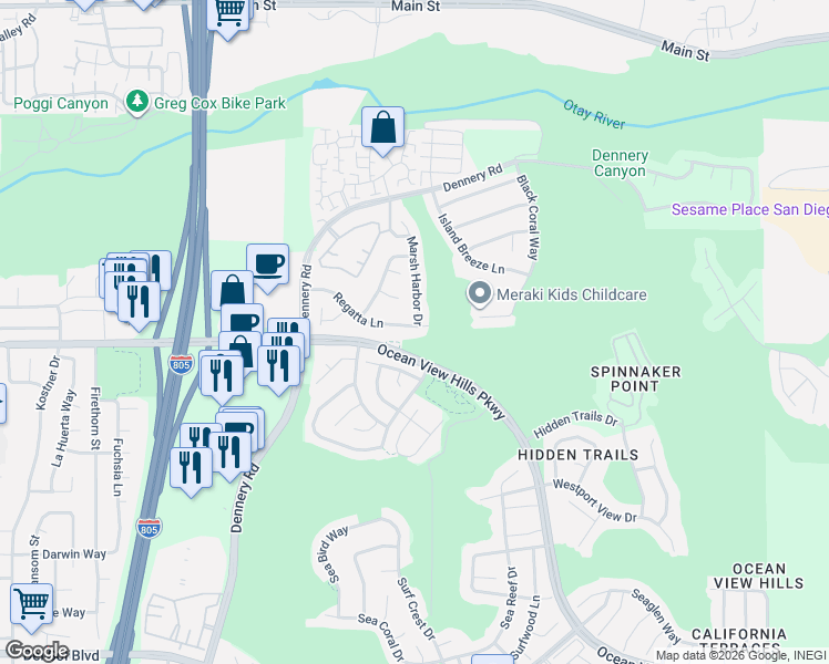 map of restaurants, bars, coffee shops, grocery stores, and more near 4786 Regatta Lane in San Diego