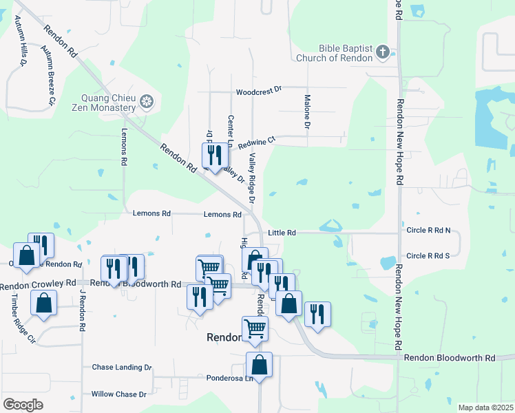 map of restaurants, bars, coffee shops, grocery stores, and more near 6557 Valley Ridge Drive in Fort Worth