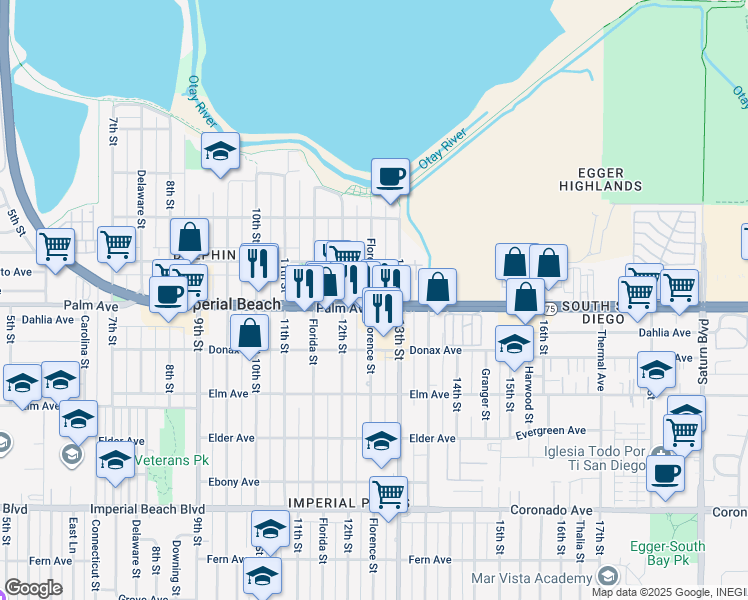 map of restaurants, bars, coffee shops, grocery stores, and more near 1252 Palm Avenue in Imperial Beach