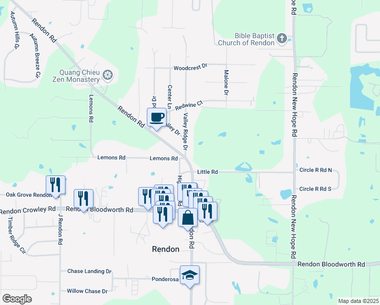map of restaurants, bars, coffee shops, grocery stores, and more near 6557 Valley Ridge Drive in Fort Worth