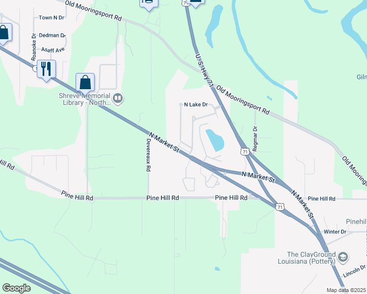 map of restaurants, bars, coffee shops, grocery stores, and more near 948 North Lakewood Drive in Shreveport