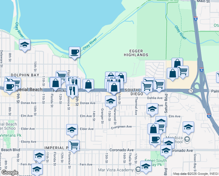 map of restaurants, bars, coffee shops, grocery stores, and more near 1512 Palm Avenue in San Diego