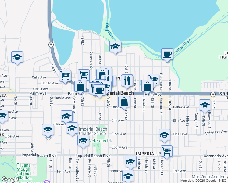 map of restaurants, bars, coffee shops, grocery stores, and more near 900 Palm Avenue in Imperial Beach