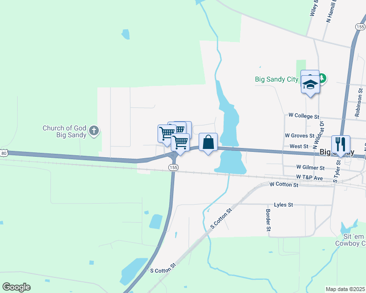map of restaurants, bars, coffee shops, grocery stores, and more near 708 West Broadway Street in Big Sandy
