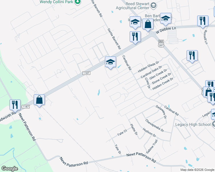 map of restaurants, bars, coffee shops, grocery stores, and more near 1605 Chateau Lane in Mansfield