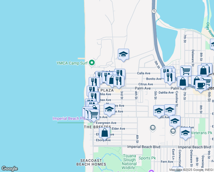 map of restaurants, bars, coffee shops, grocery stores, and more near 200 Palm Avenue in Imperial Beach