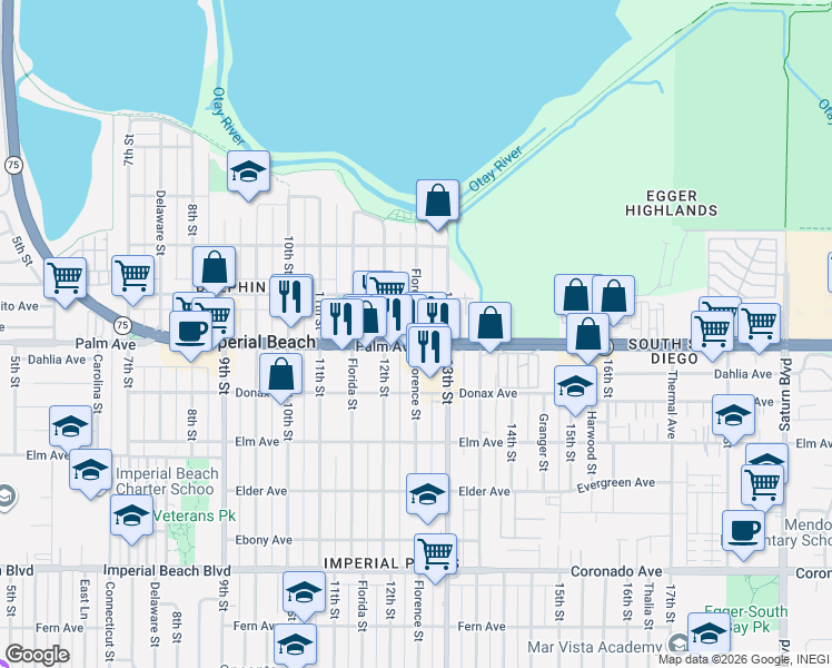 map of restaurants, bars, coffee shops, grocery stores, and more near 655 Florence Street in Imperial Beach