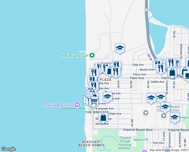 map of restaurants, bars, coffee shops, grocery stores, and more near 674 Seacoast Drive in Imperial Beach