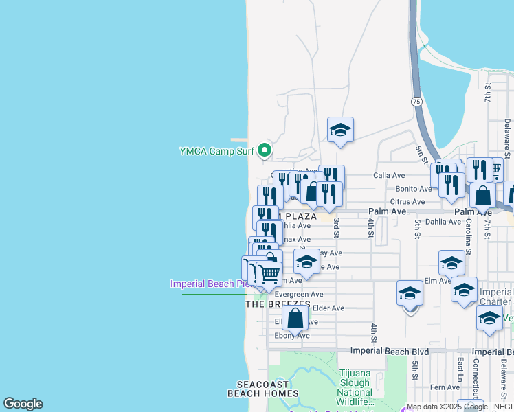 map of restaurants, bars, coffee shops, grocery stores, and more near 674 Seacoast Drive in Imperial Beach