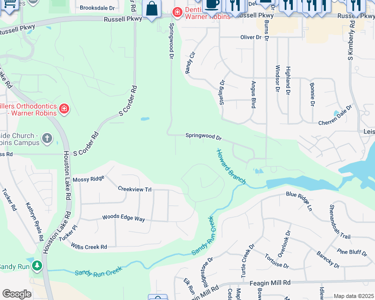 map of restaurants, bars, coffee shops, grocery stores, and more near 102 Greenleaf Court in Warner Robins