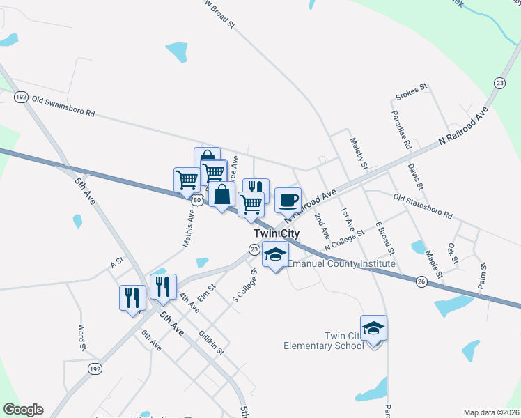 map of restaurants, bars, coffee shops, grocery stores, and more near 107 Lane Avenue in Twin City