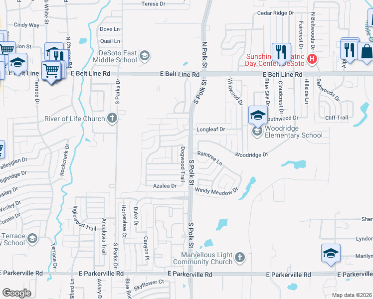 map of restaurants, bars, coffee shops, grocery stores, and more near 404 Dogwood Trail in DeSoto