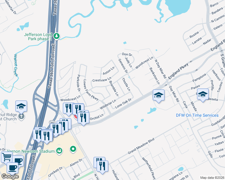 map of restaurants, bars, coffee shops, grocery stores, and more near 1313 Bramble Lane in Mansfield