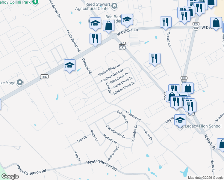 map of restaurants, bars, coffee shops, grocery stores, and more near 1214 Stone Creek Drive in Mansfield