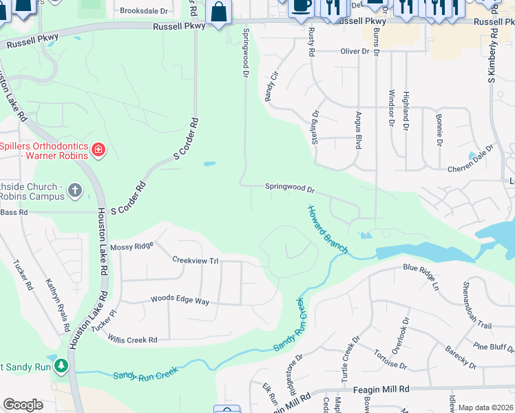 map of restaurants, bars, coffee shops, grocery stores, and more near 106 Prado Court in Warner Robins
