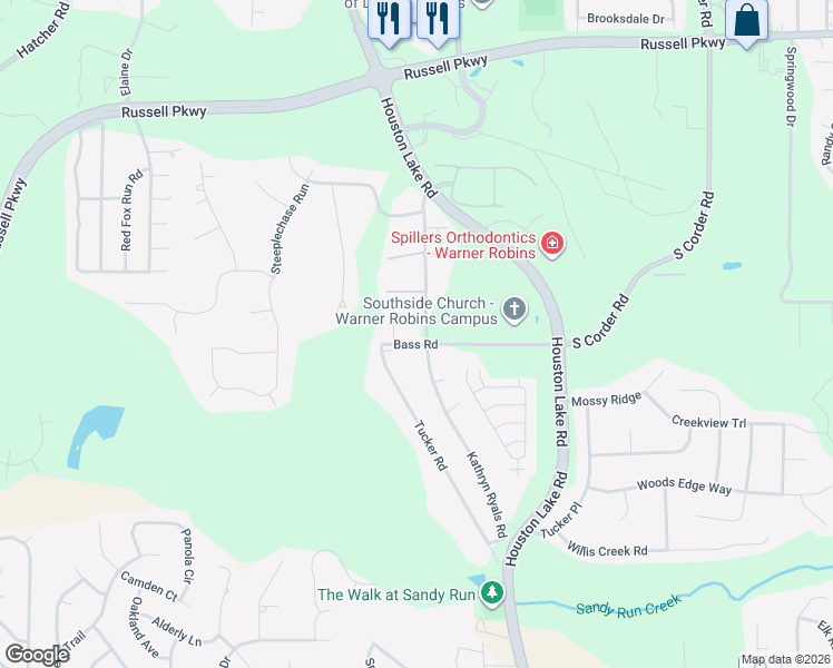 map of restaurants, bars, coffee shops, grocery stores, and more near 1025 Kathryn Ryals Road in Warner Robins