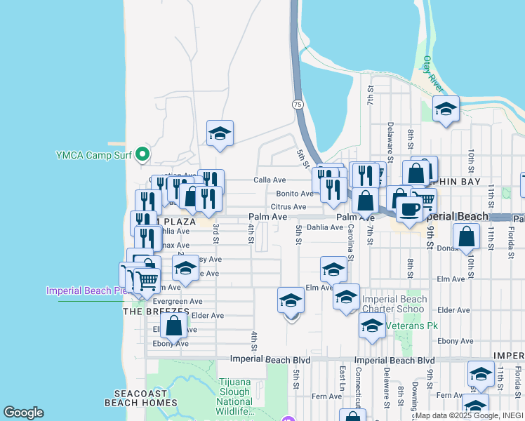 map of restaurants, bars, coffee shops, grocery stores, and more near 670 Corvina Street in Imperial Beach