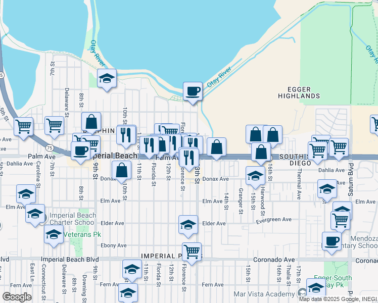 map of restaurants, bars, coffee shops, grocery stores, and more near 1268 Palm Avenue in Imperial Beach