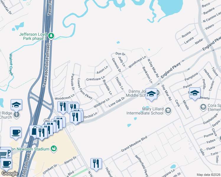 map of restaurants, bars, coffee shops, grocery stores, and more near 1308 Bramble Lane in Mansfield