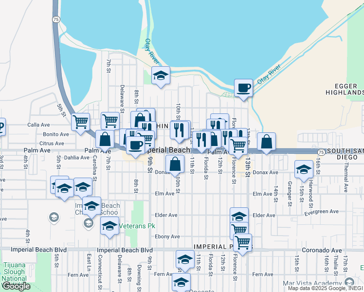 map of restaurants, bars, coffee shops, grocery stores, and more near 656 11th Street in Imperial Beach