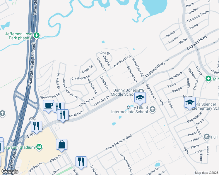map of restaurants, bars, coffee shops, grocery stores, and more near 1211 Genesis Drive in Mansfield