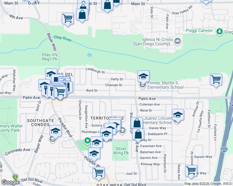 map of restaurants, bars, coffee shops, grocery stores, and more near 3763 Byrd Street in San Diego