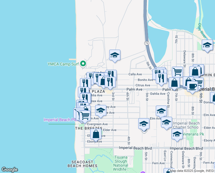 map of restaurants, bars, coffee shops, grocery stores, and more near 229 Citrus Avenue in Imperial Beach