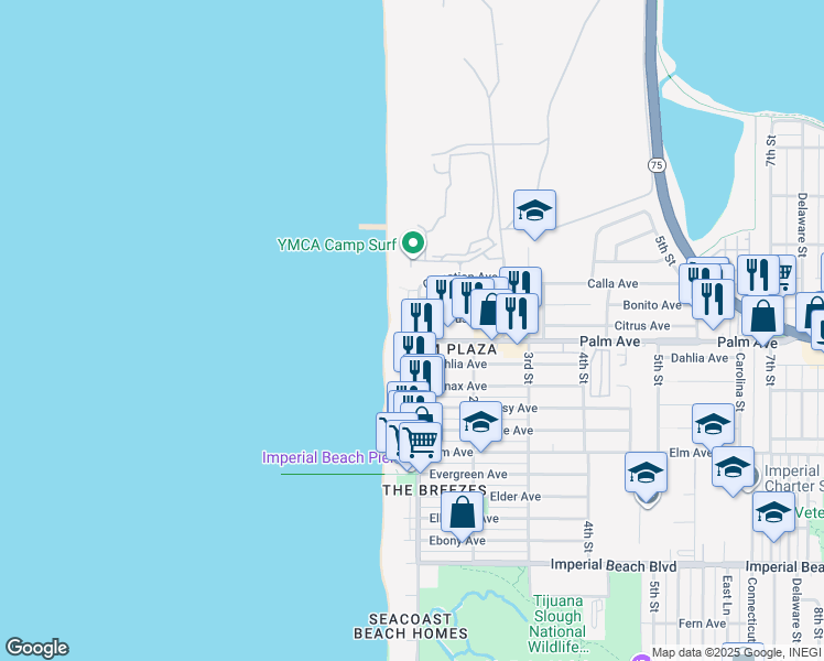 map of restaurants, bars, coffee shops, grocery stores, and more near 674 Seacoast Drive in Imperial Beach