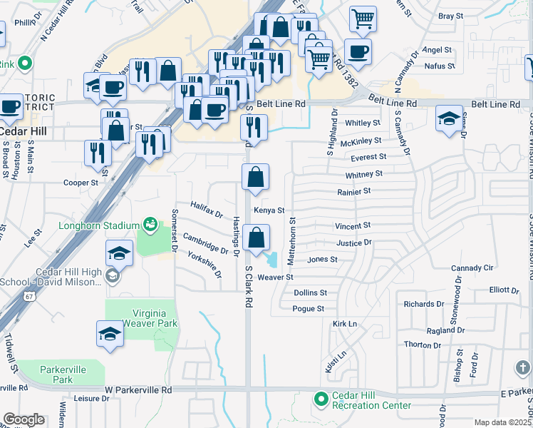 map of restaurants, bars, coffee shops, grocery stores, and more near 320 South Clark Road in Cedar Hill