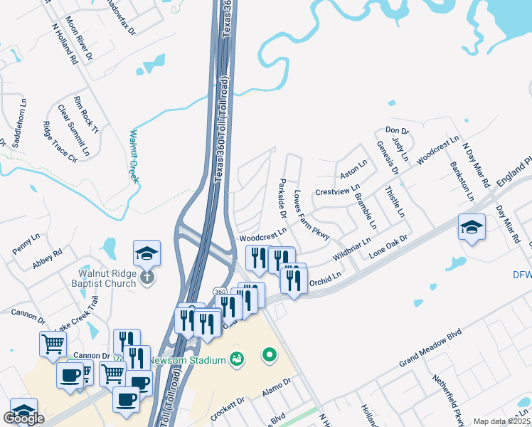 map of restaurants, bars, coffee shops, grocery stores, and more near 1403 Parkside Drive in Mansfield