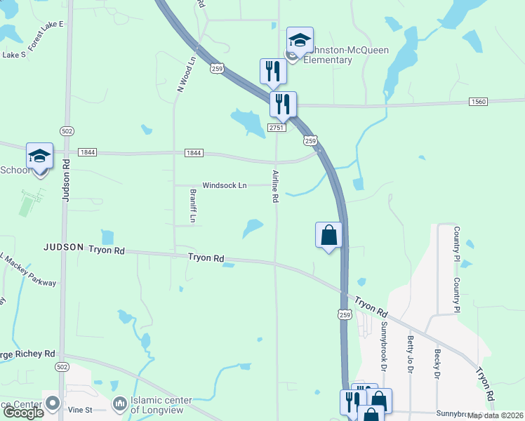 map of restaurants, bars, coffee shops, grocery stores, and more near 5505 Airline Rd in Longview
