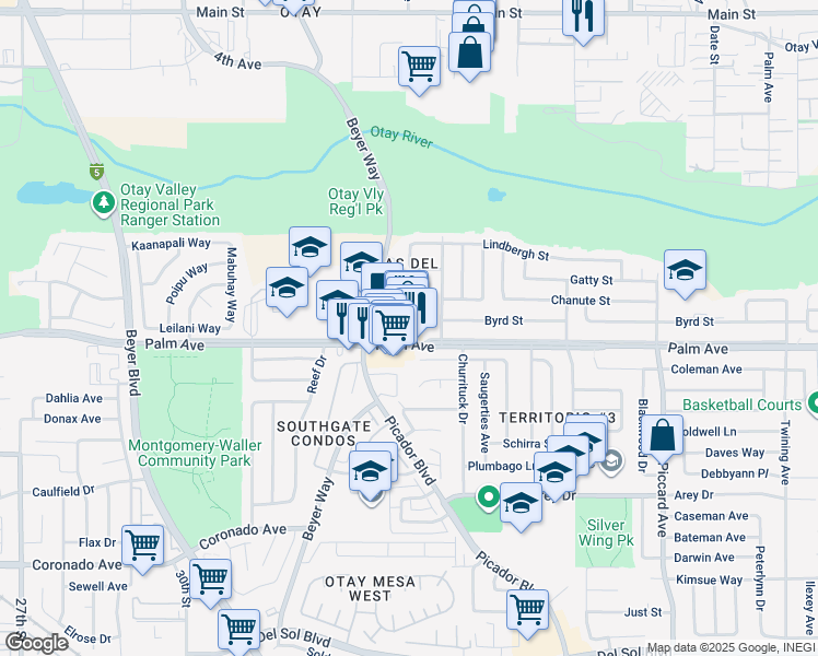 map of restaurants, bars, coffee shops, grocery stores, and more near 3422 Palm Avenue in San Diego