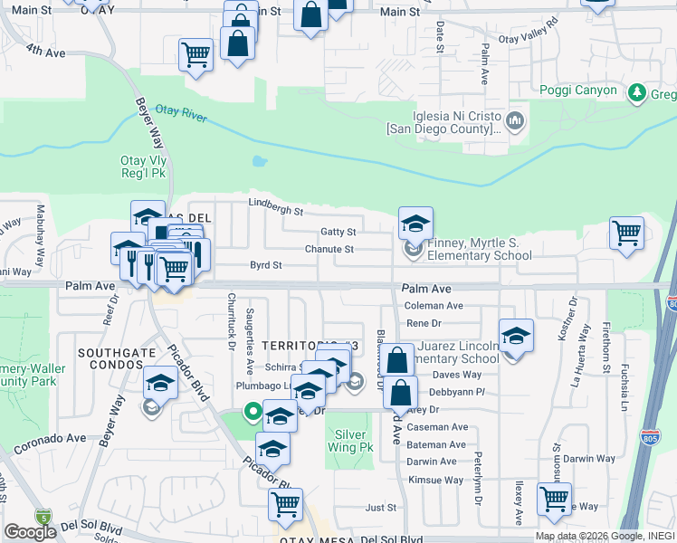 map of restaurants, bars, coffee shops, grocery stores, and more near 3763 Byrd Street in San Diego