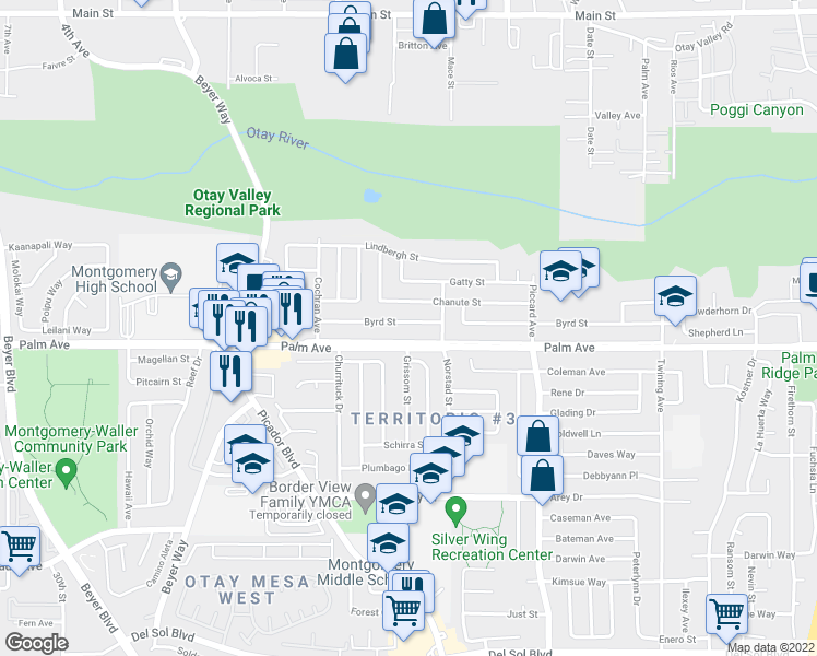 map of restaurants, bars, coffee shops, grocery stores, and more near 3635 Byrd Street in San Diego
