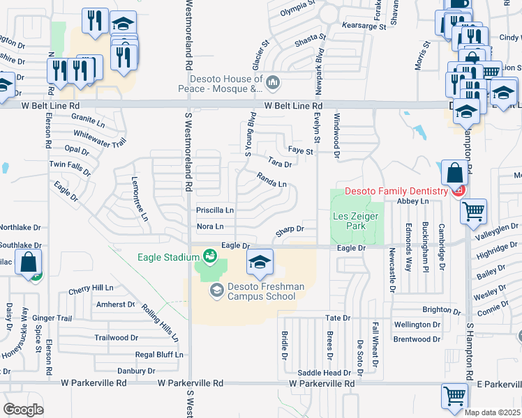 map of restaurants, bars, coffee shops, grocery stores, and more near 641 Priscilla Lane in DeSoto