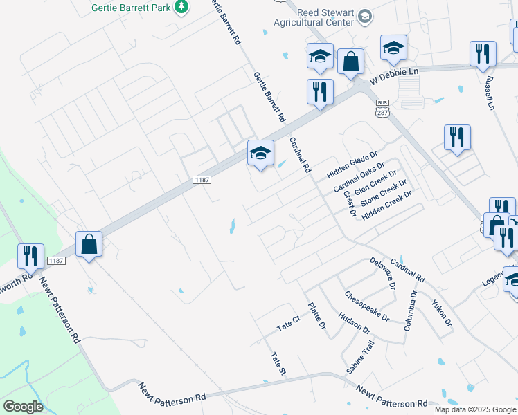 map of restaurants, bars, coffee shops, grocery stores, and more near 1607 Chateau Lane in Mansfield
