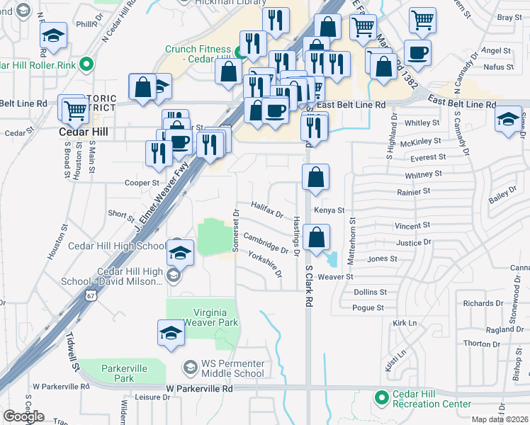 map of restaurants, bars, coffee shops, grocery stores, and more near 122 Halifax Drive in Cedar Hill