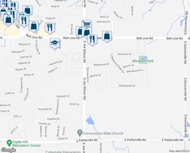 map of restaurants, bars, coffee shops, grocery stores, and more near 300 Rosewood Lane in Cedar Hill