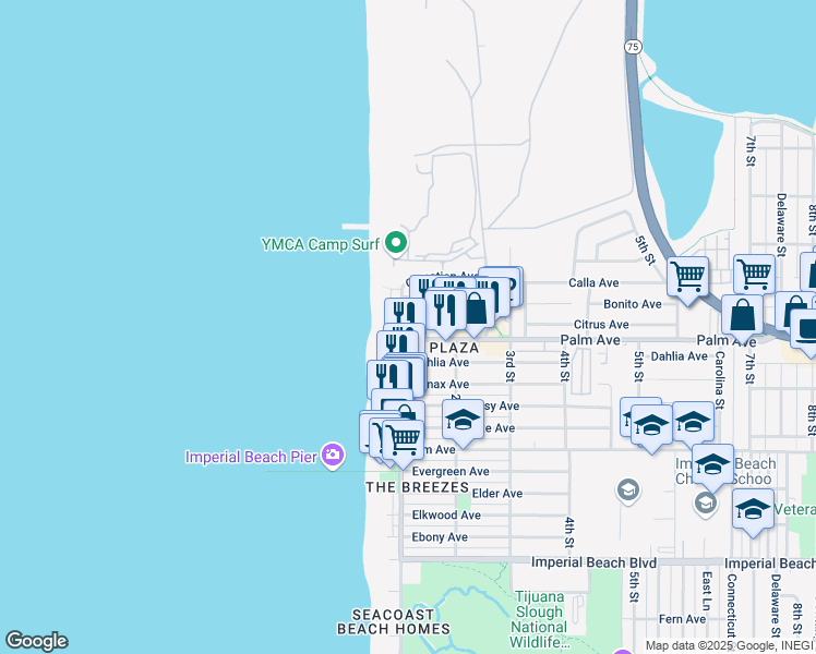 map of restaurants, bars, coffee shops, grocery stores, and more near 679 Seacoast Drive in Imperial Beach