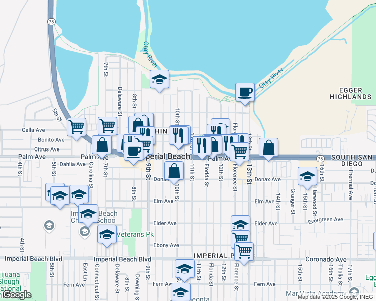 map of restaurants, bars, coffee shops, grocery stores, and more near 656 11th Street in Imperial Beach