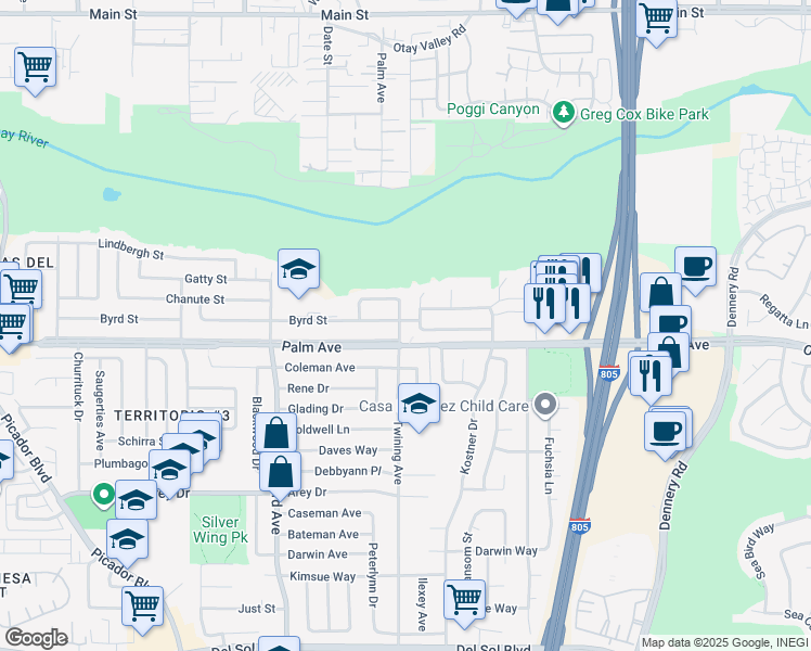map of restaurants, bars, coffee shops, grocery stores, and more near 667 Twining Avenue in San Diego