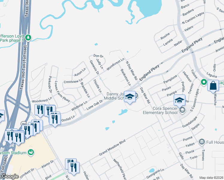 map of restaurants, bars, coffee shops, grocery stores, and more near 1206 Genesis Drive in Mansfield