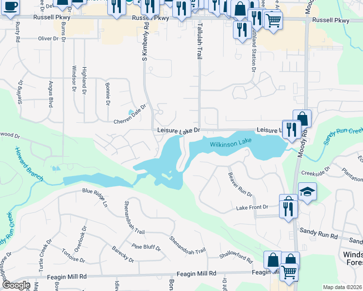 map of restaurants, bars, coffee shops, grocery stores, and more near 106 Island Boulevard in Warner Robins